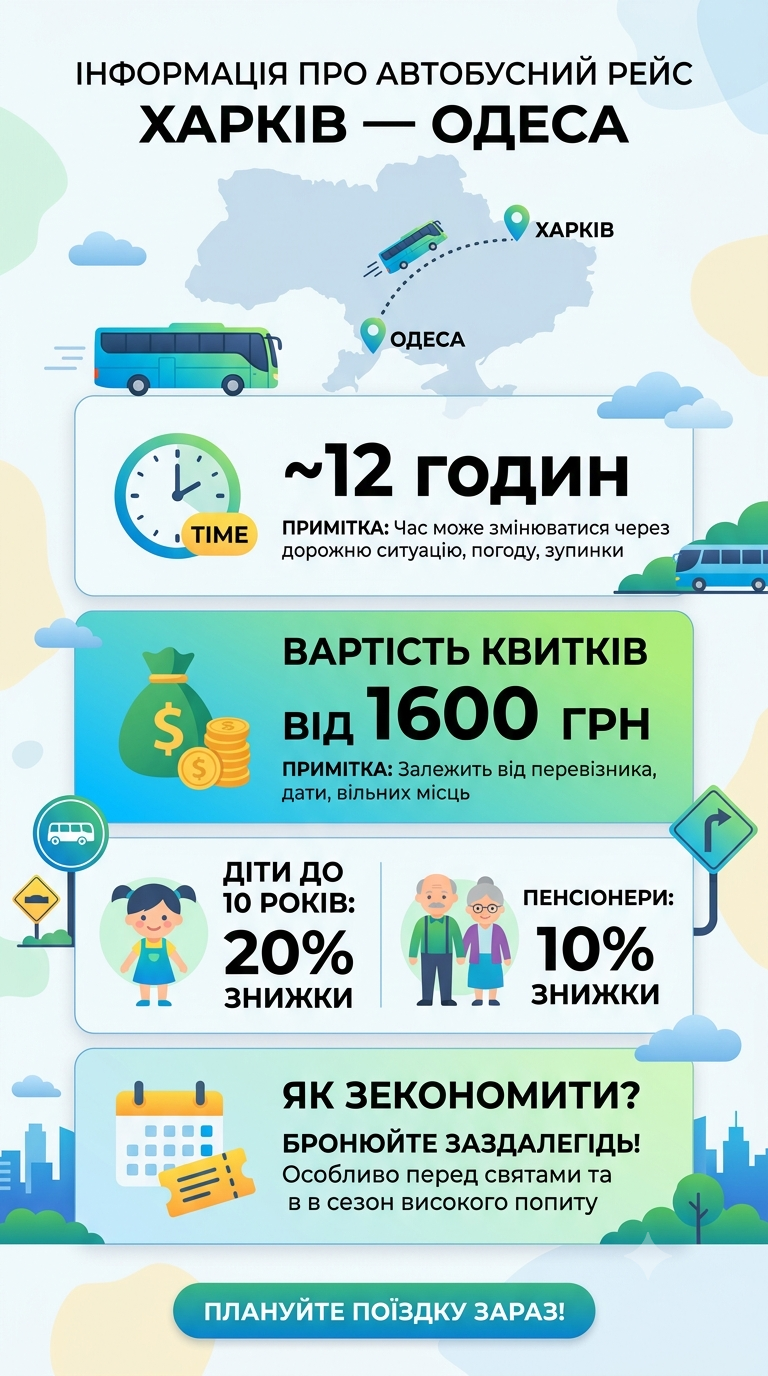 вартість, ціна та знижки на автобус Харків Одеса